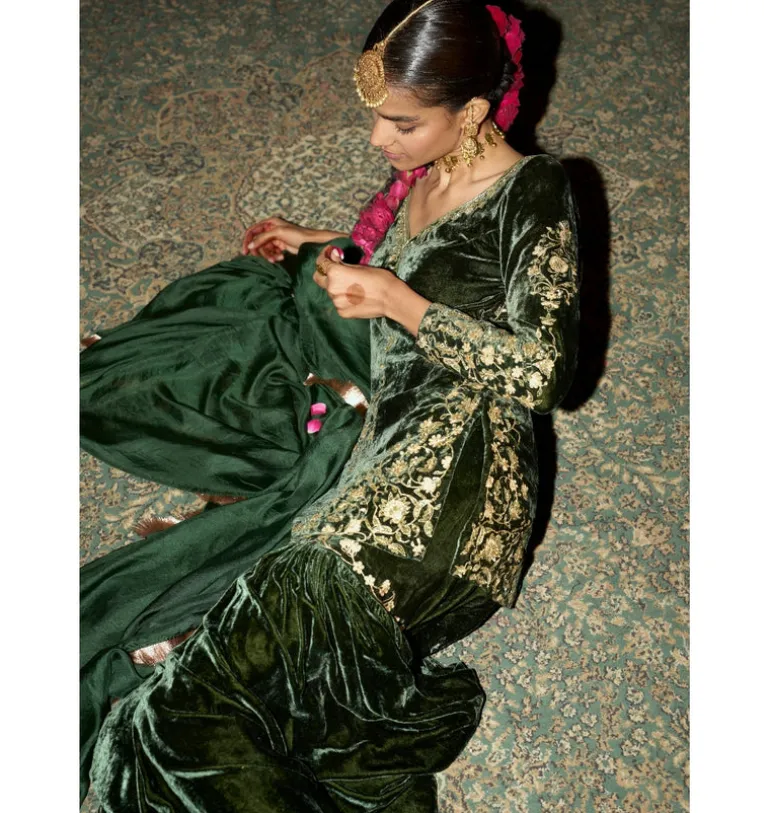Emerald Green Embroidered Velvet Gharara Set