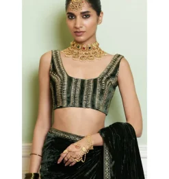 Emerald Green Embroidered Velvet Saree Set