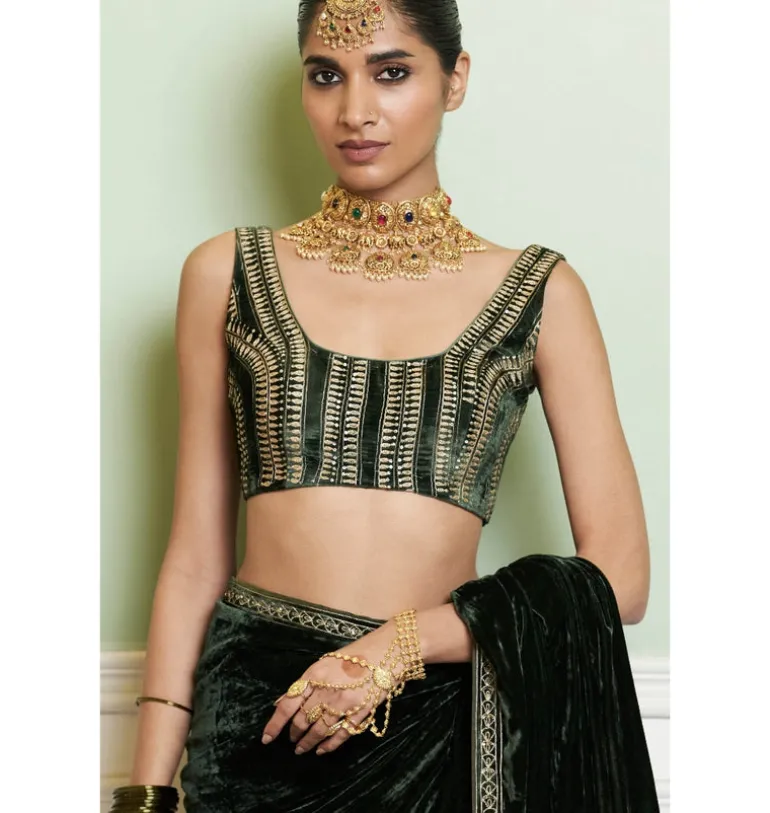 Emerald Green Embroidered Velvet Saree Set