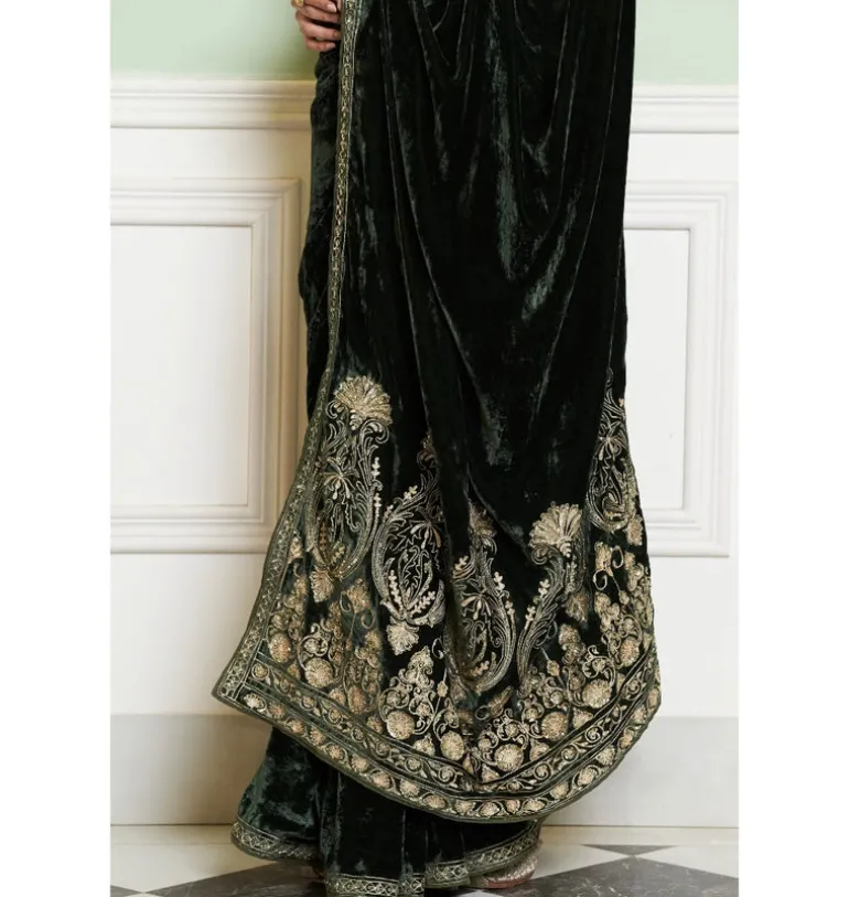 Emerald Green Embroidered Velvet Saree Set