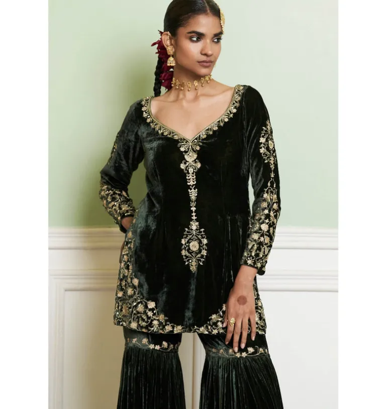 Emerald Green Embroidered Velvet Gharara Set