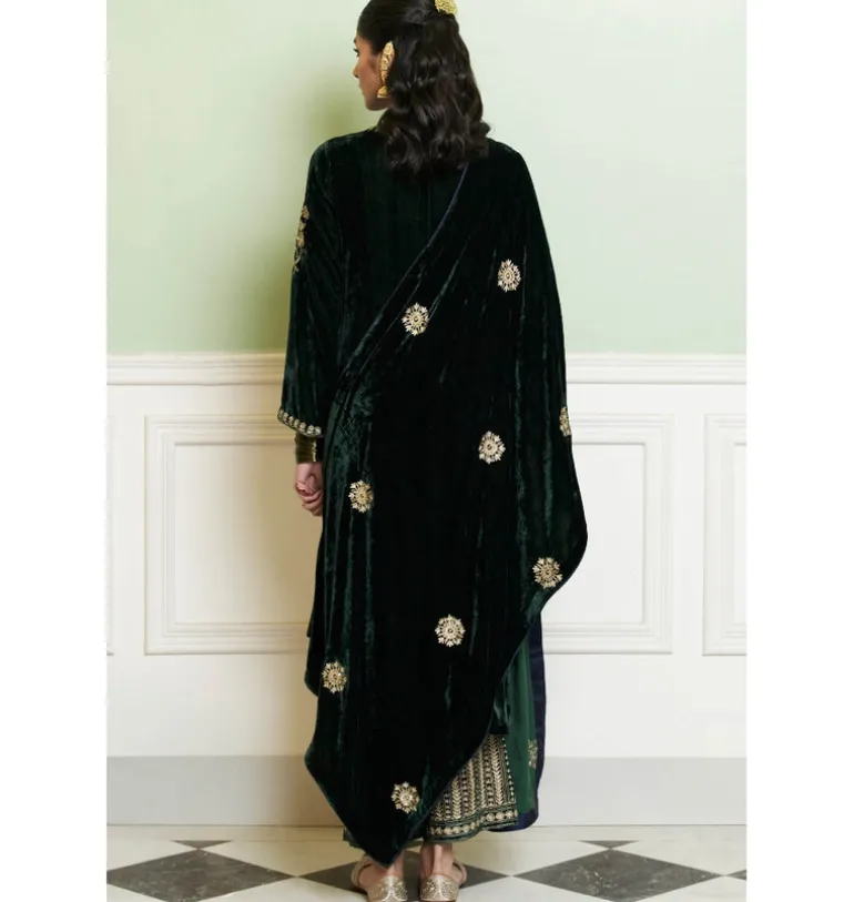 Emerald Green Embroidered Velvet Kurta Set
