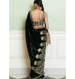 Emerald Green Embroidered Velvet Saree Set