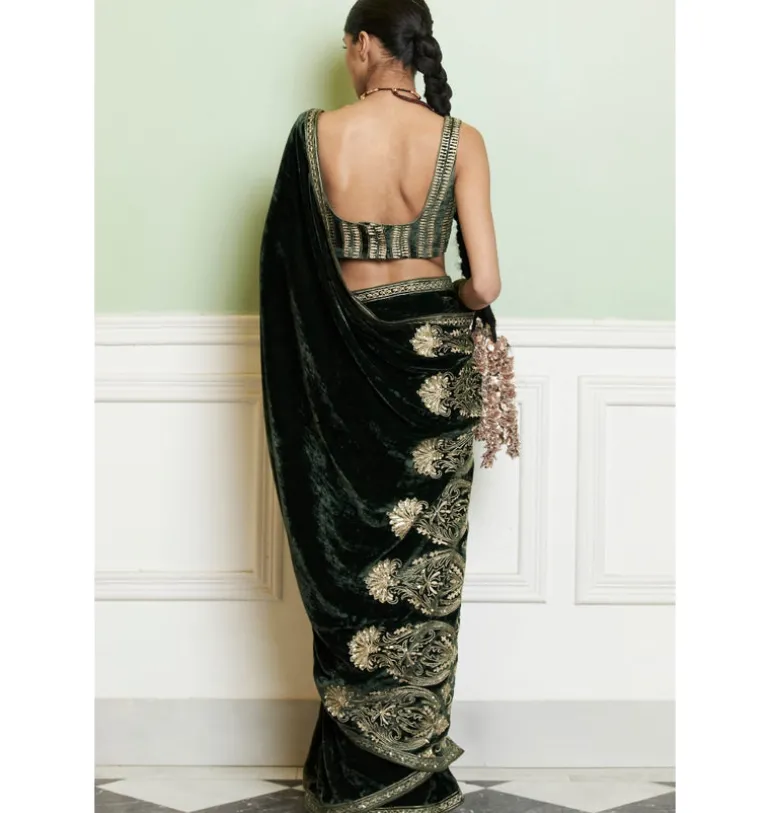 Emerald Green Embroidered Velvet Saree Set