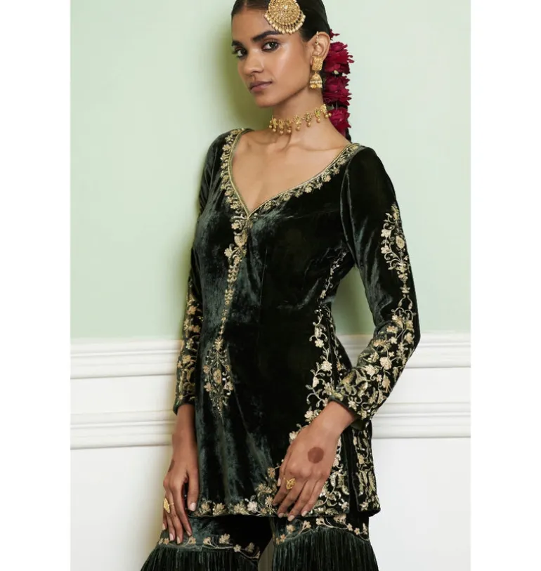 Emerald Green Embroidered Velvet Gharara Set