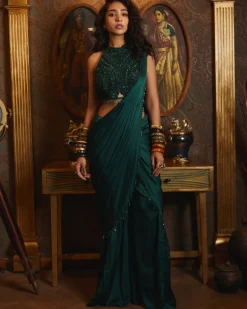 Emerald Green Sharara Pant Sari Set