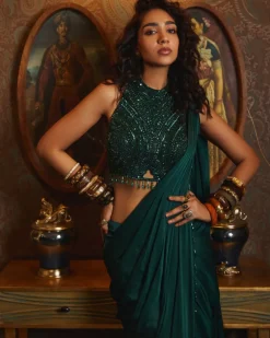 Emerald Green Sharara Pant Sari Set