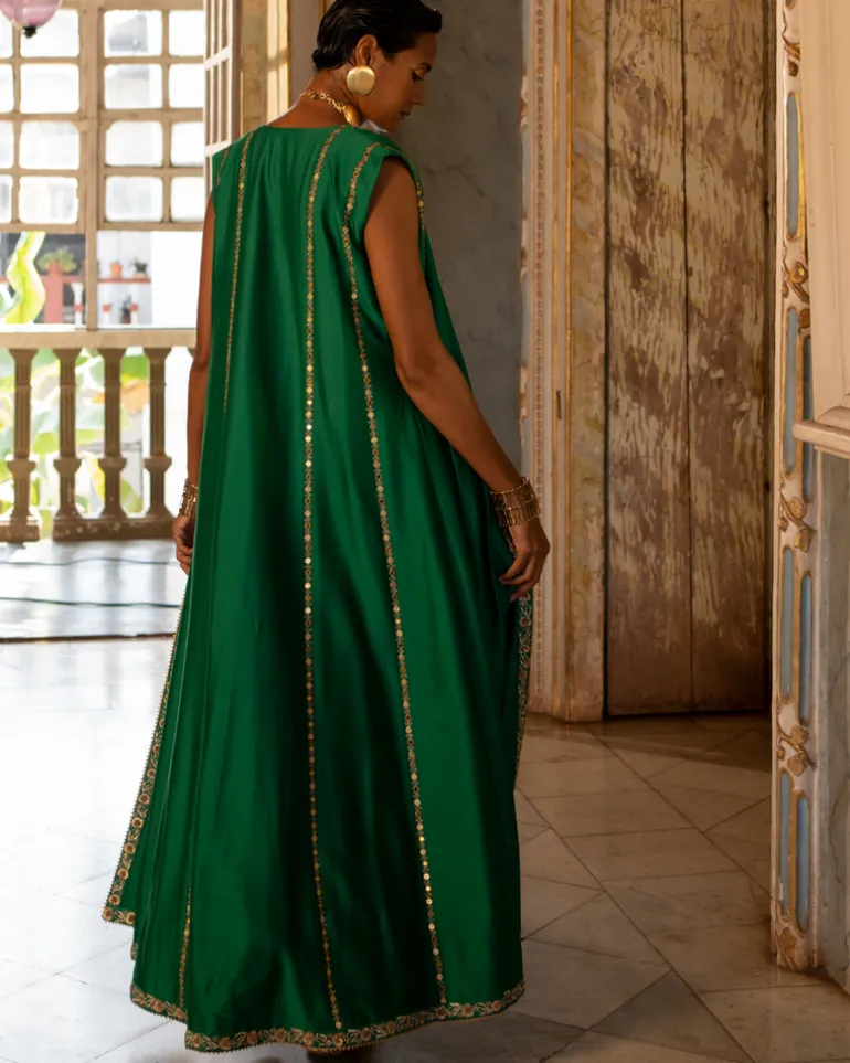 Emerald Satin Draped Skirt Set