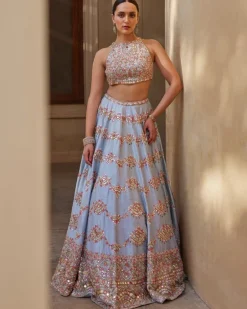 English Blue Mirror Lehenga Set