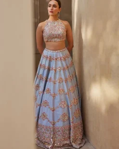 English Blue Mirror Lehenga Set