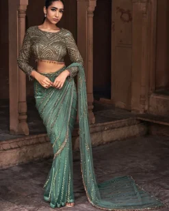 Esmeralda Sage Green Embroidered Sari Set