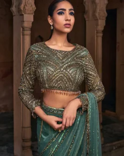 Esmeralda Sage Green Embroidered Sari Set
