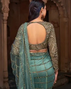 Esmeralda Sage Green Embroidered Sari Set