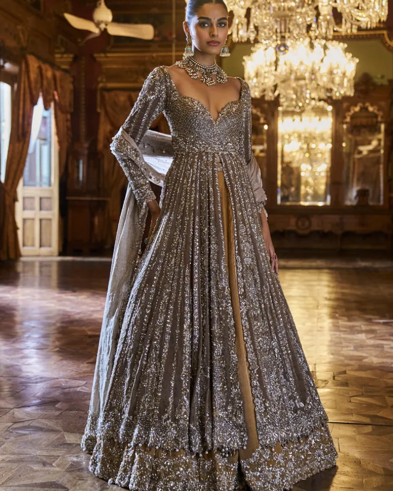 Falaknuma Gold Silver Tissue Jacket Lehenga Set