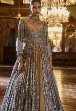 Falaknuma Gold Silver Tissue Jacket Lehenga Set
