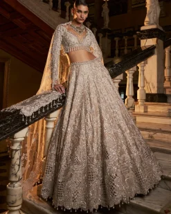 Falaknuma Nude Silver Cutwork Lehenga Set