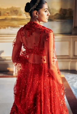 Falaknuma Red Three-dimensional Floral Lehenga Set