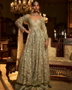 Falaknuma Sage Green Cut Work Jacket Sharara Set
