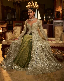 Falaknuma Sage Green Cut Work Jacket Sharara Set
