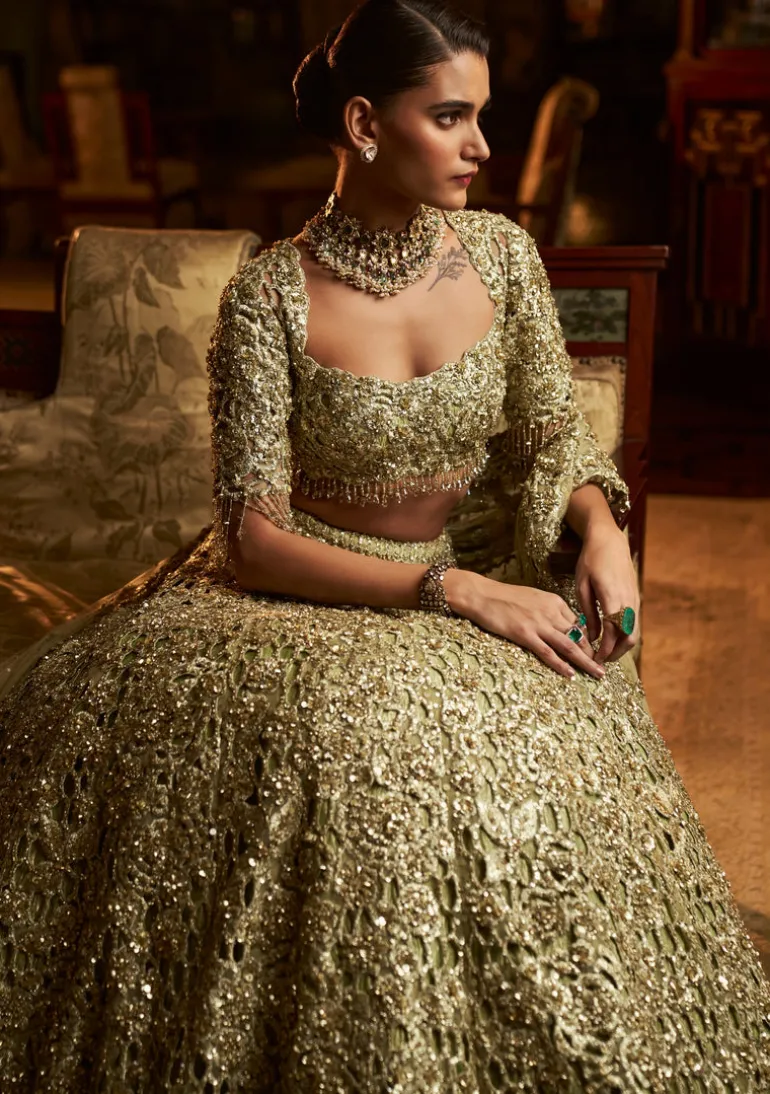 Falaknuma Sage Green Cut Work Lehenga Set