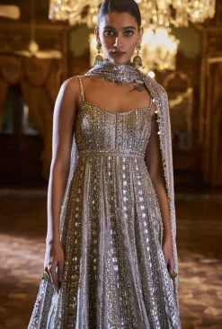 Falaknuma Silver Gold Tissue Anarkali Set
