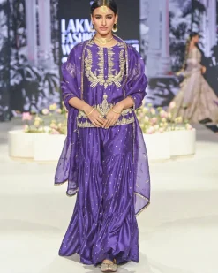 Fatima Purple Embroidered Kurta And Frill Sharara With Dupatta Set