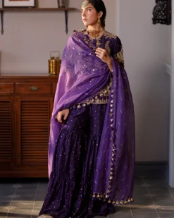 Fatima Purple Embroidered Kurta And Frill Sharara With Dupatta Set