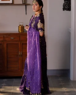 Fatima Purple Embroidered Kurta And Frill Sharara With Dupatta Set