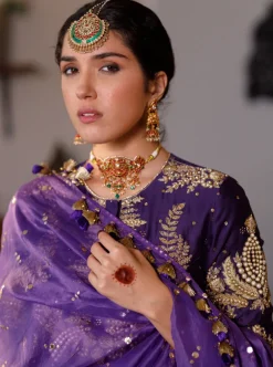 Fatima Purple Embroidered Kurta And Frill Sharara With Dupatta Set