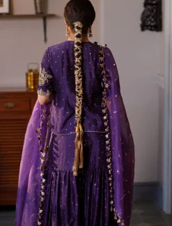 Fatima Purple Embroidered Kurta And Frill Sharara With Dupatta Set