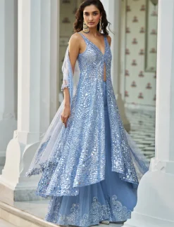 Fiori Blue Mirror Work Jacket Sharara Set