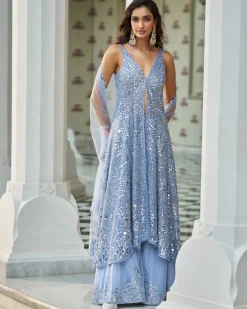 Fiori Blue Mirror Work Jacket Sharara Set
