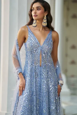 Fiori Blue Mirror Work Jacket Sharara Set