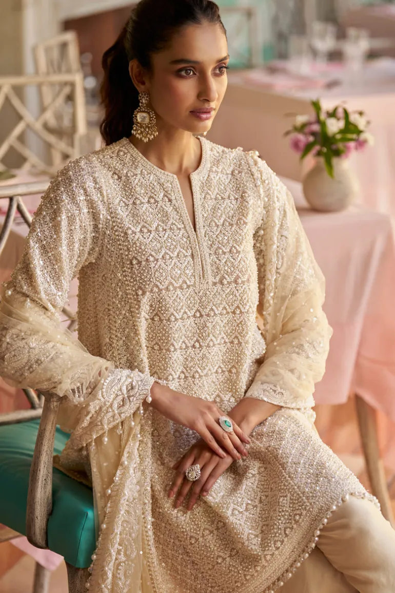 Fiori Cream Pearl Dhoti Set