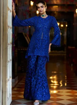 Fiori Navy Blue Thread Work Sharara Set