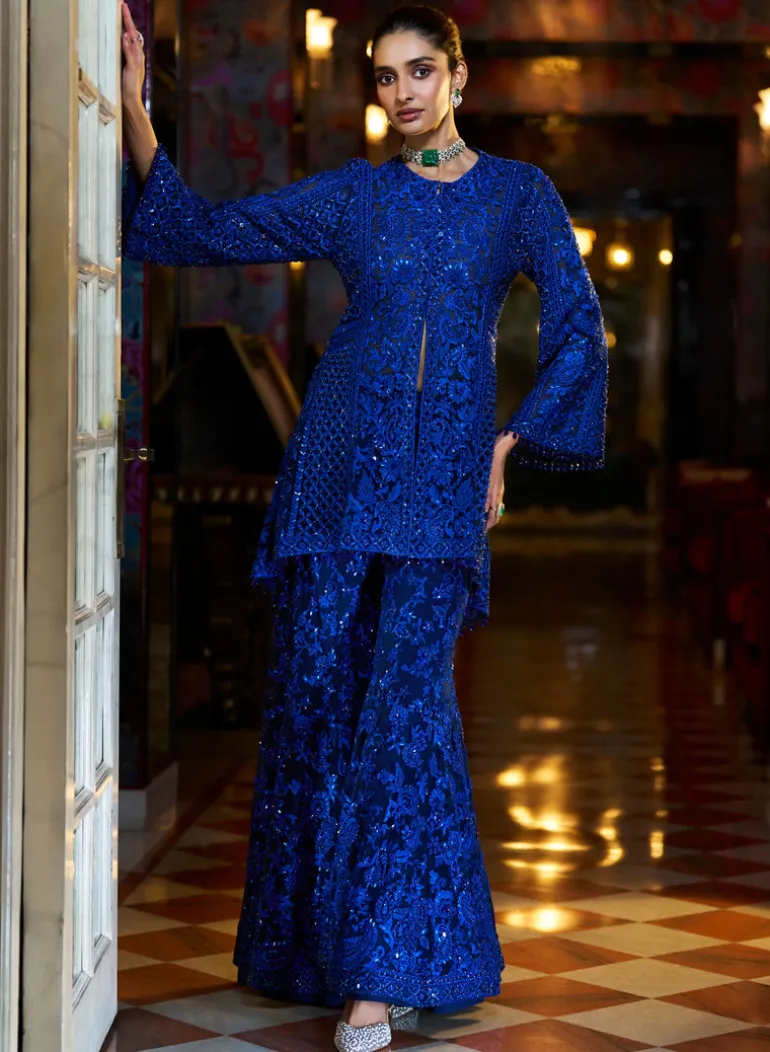 Fiori Navy Blue Thread Work Sharara Set
