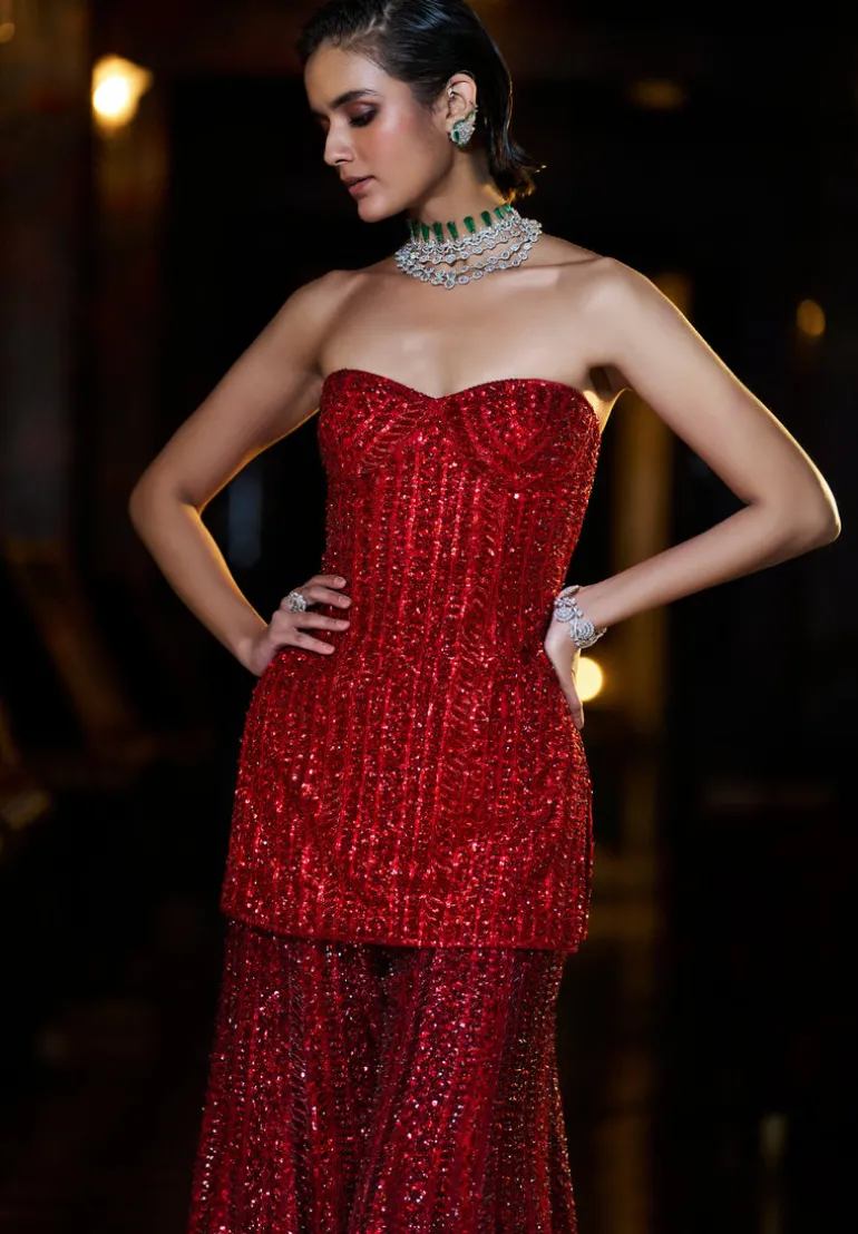 Fiori Off-Shoulder Red Sharara Set
