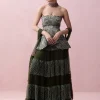 Forest Green Threadwork Peplum with Tulle Sharara and Smocked Stole