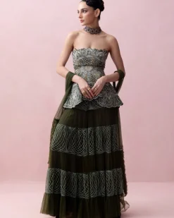 Forest Green Threadwork Peplum with Tulle Sharara and Smocked Stole