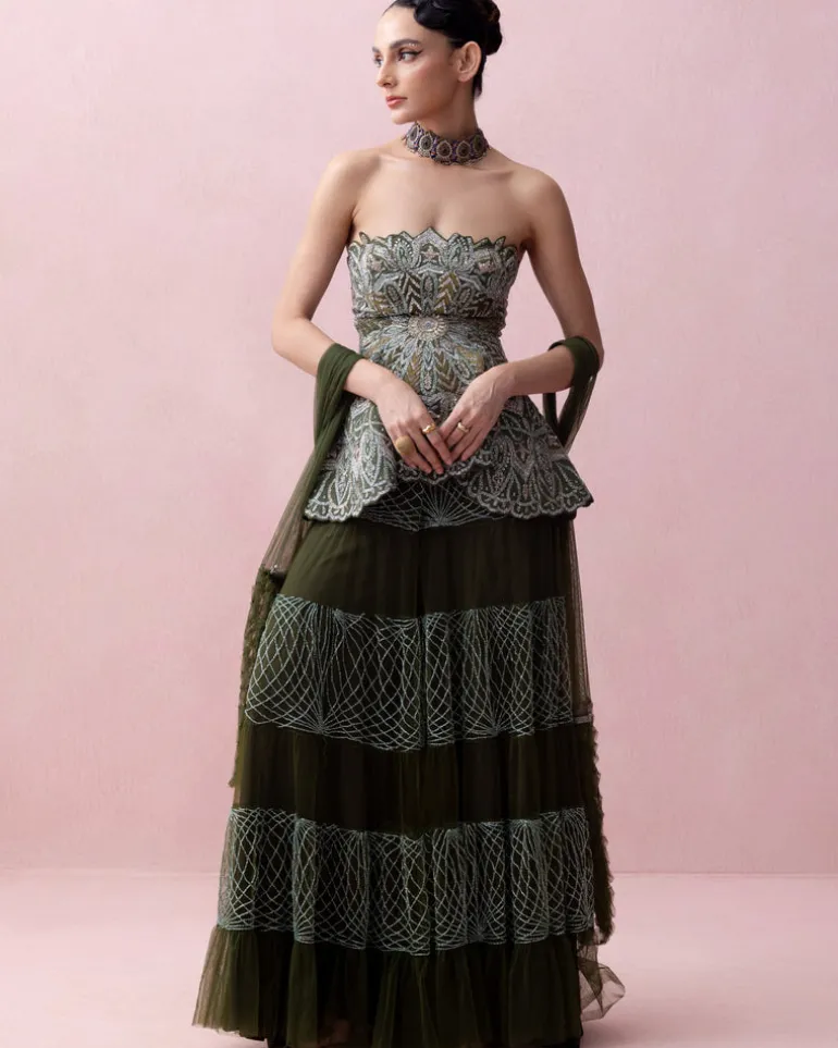 Forest Green Threadwork Peplum with Tulle Sharara and Smocked Stole