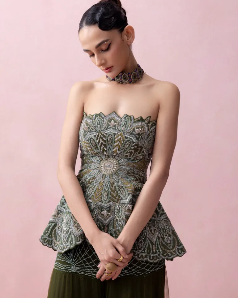 Forest Green Threadwork Peplum with Tulle Sharara and Smocked Stole