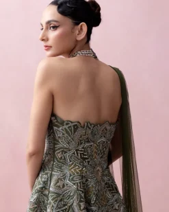 Forest Green Threadwork Peplum with Tulle Sharara and Smocked Stole