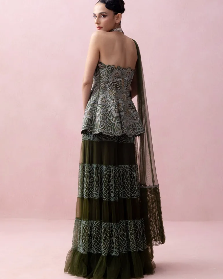 Forest Green Threadwork Peplum with Tulle Sharara and Smocked Stole