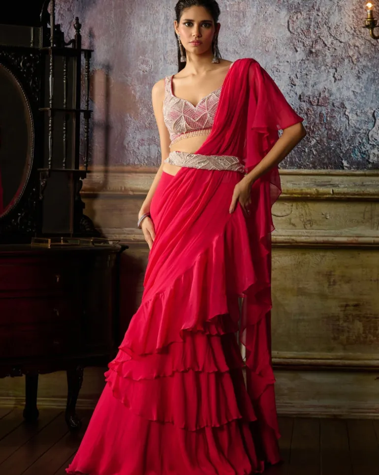 Fuchsia Embroidered Blouse And Ruffle Sari Set
