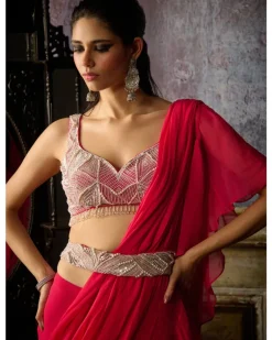 Fuchsia Embroidered Blouse And Ruffle Sari Set