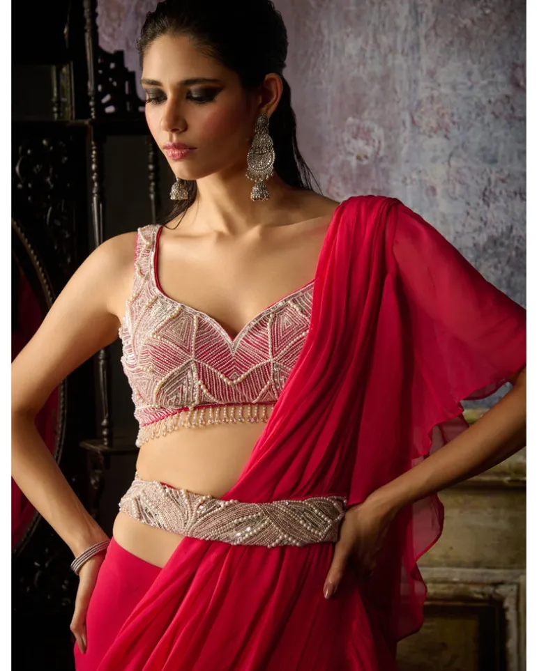 Fuchsia Embroidered Blouse And Ruffle Sari Set
