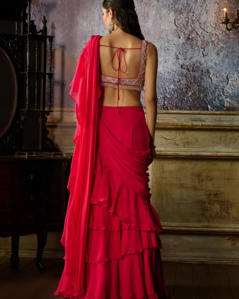 Fuchsia Embroidered Blouse And Ruffle Sari Set