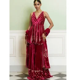 Fuchsia Embroidered Velvet Sharara Set