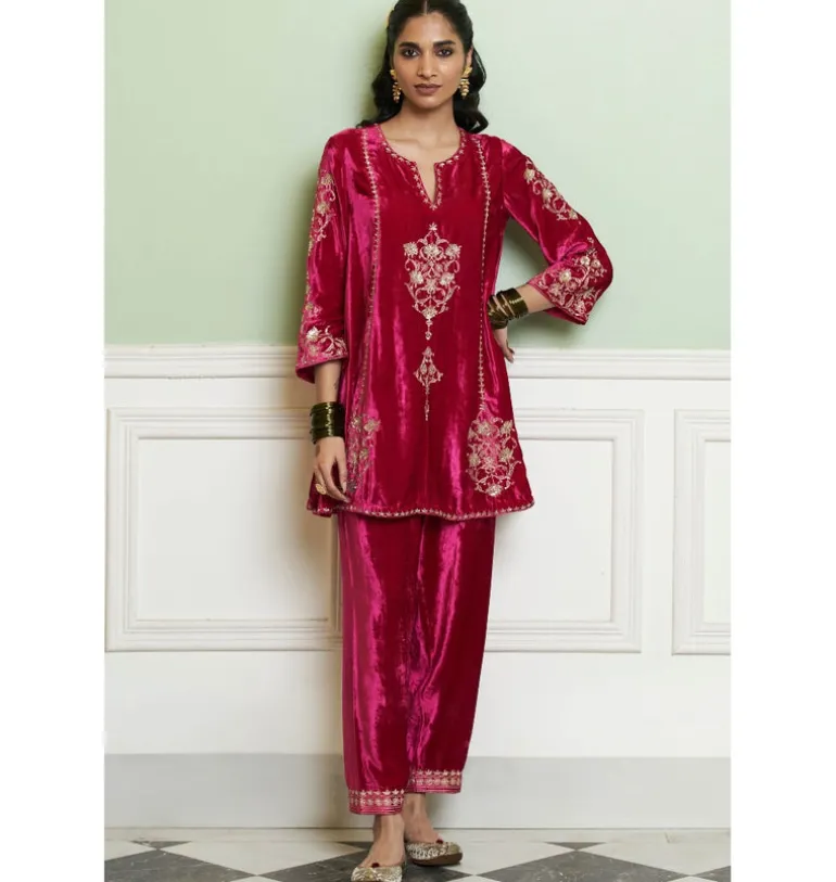 Fuchsia Embroidered Velvet Short Kalidar Kurta Set