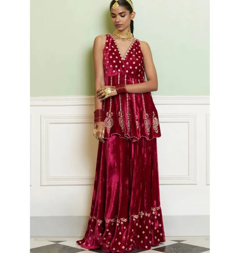 Fuchsia Embroidered Velvet Sharara Set